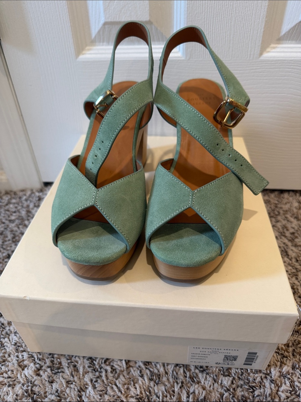 Sezane Mint Green Suede Platform Slingback Sandals